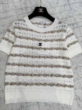 Miu Miu off-white striped openwork knit short-sleeved top